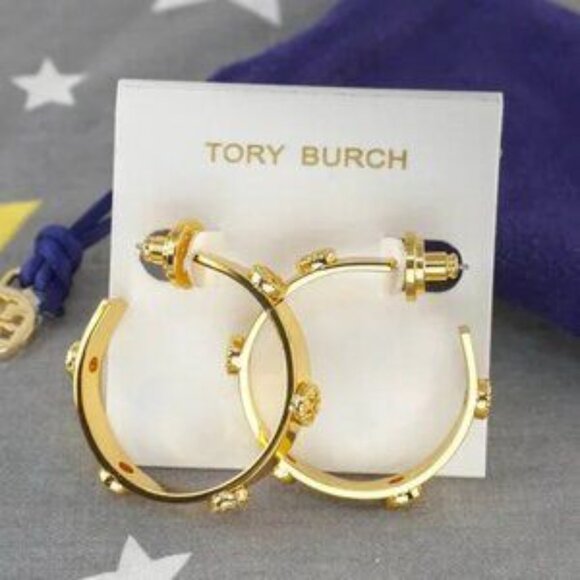 Tory Burch Milgrain Studded Hoop Earrings in Gold - Picture 5 of 5